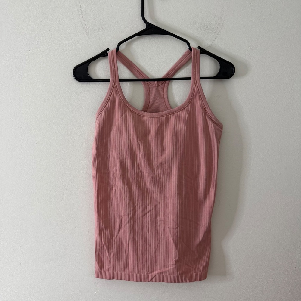 Lululemon Ebb to Street Tank Top Pink Ribbed Racerback Shelf Bra Size 8
